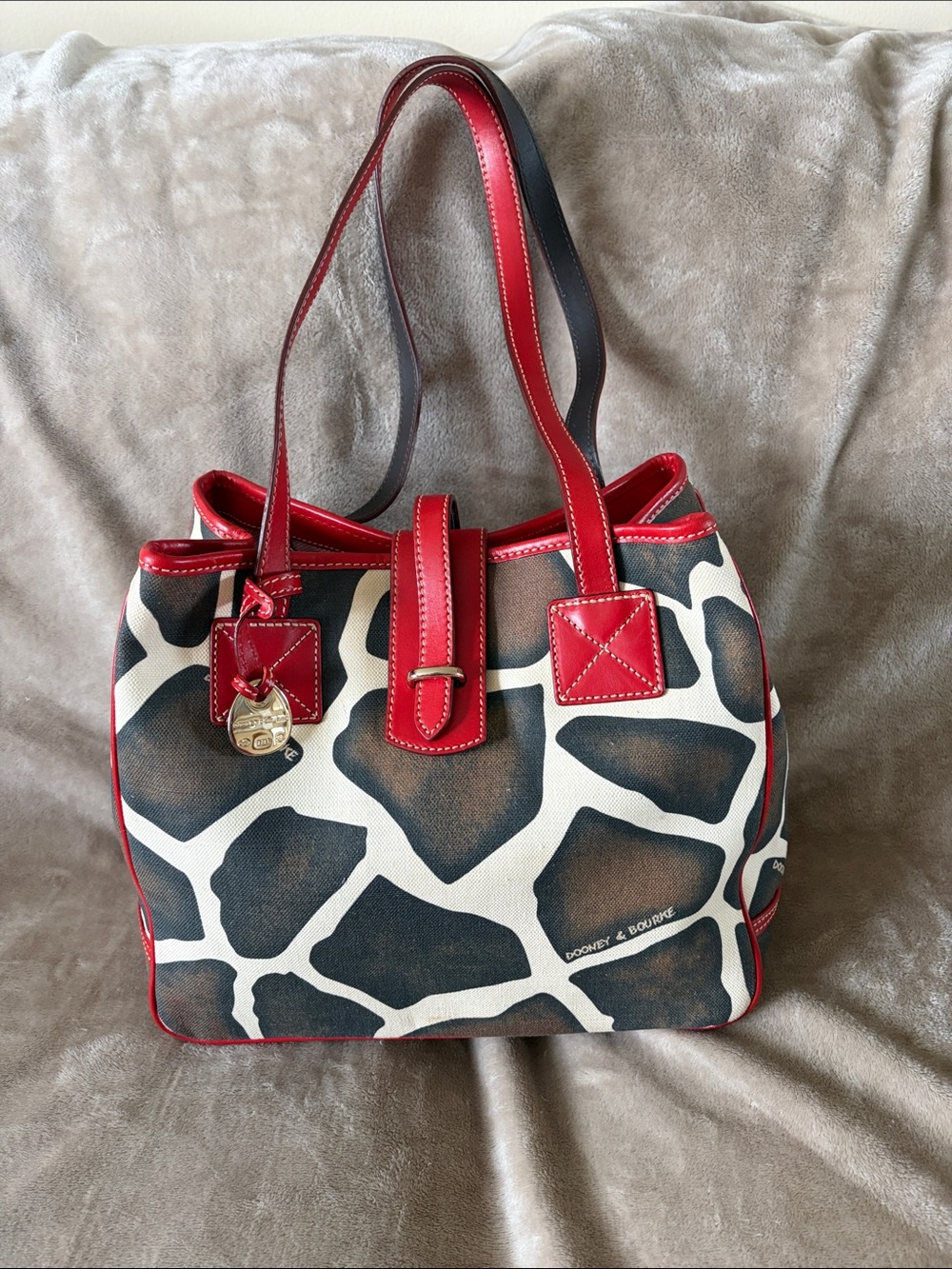 Rare vintage Dooney & Bourke Giraffe Print Tote with Red Trim